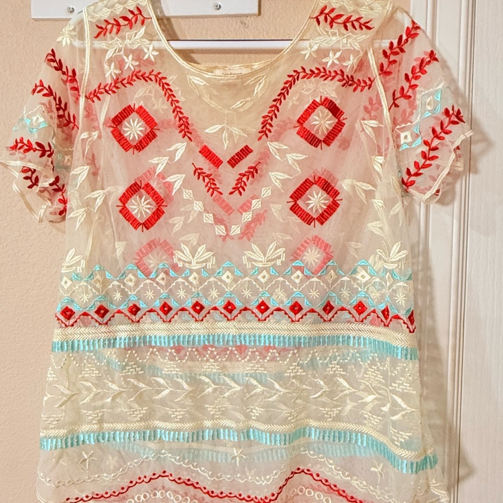 Embroidered Sheer Top - Red and Cream
